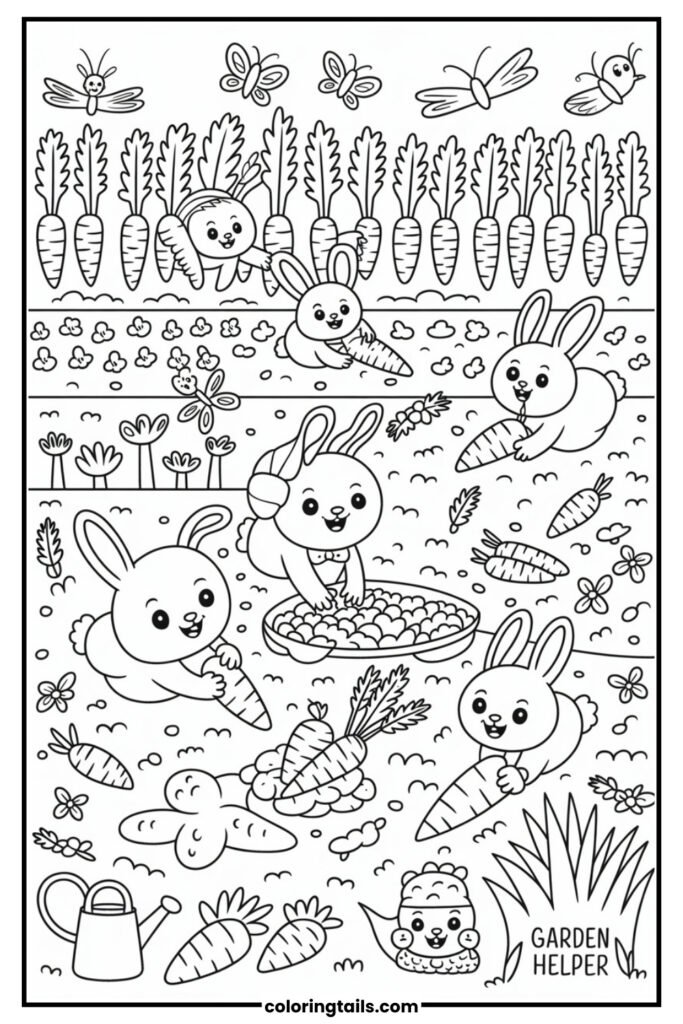 Several bunnies are digging and harvesting carrots in a large vegetable garden.