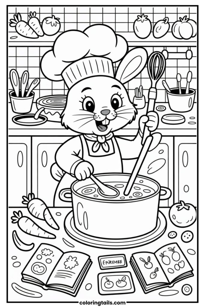 A bunny in a chef hat stirs soup in a big pot, surrounded by vegetables, utensils, and recipe books. The kitchen counter is filled with ingredients ready to be colored.
