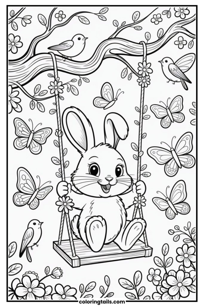 A sweet bunny swings from a sturdy tree branch with flowers blooming all around. The background features butterflies and birds, offering lots of fun things to color.