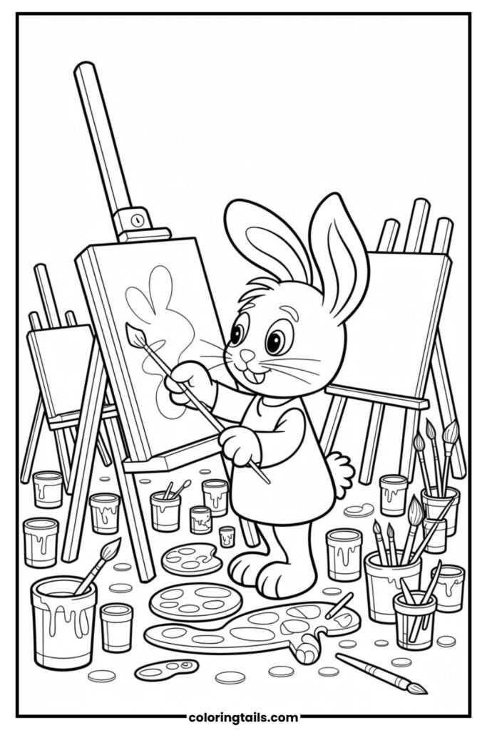 This artistic bunny is painting on a canvas with a paintbrush, wearing a smock and beret. The studio is filled with spilled paint, easels, and color palettes.
