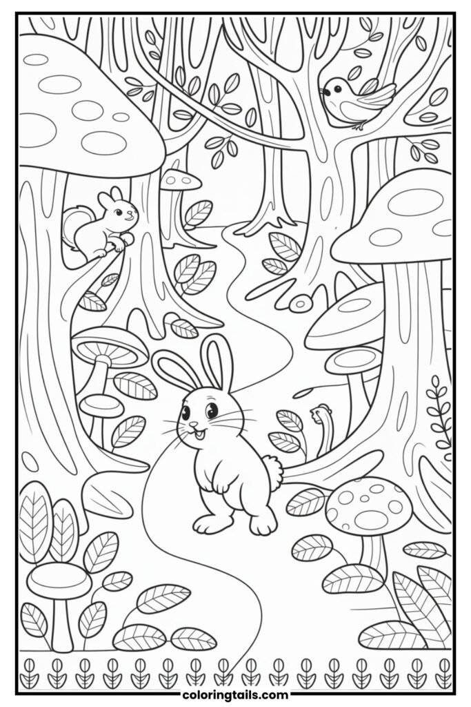 A bunny walks through a mushroom-filled forest, with tall trees, squirrels, and birds watching.