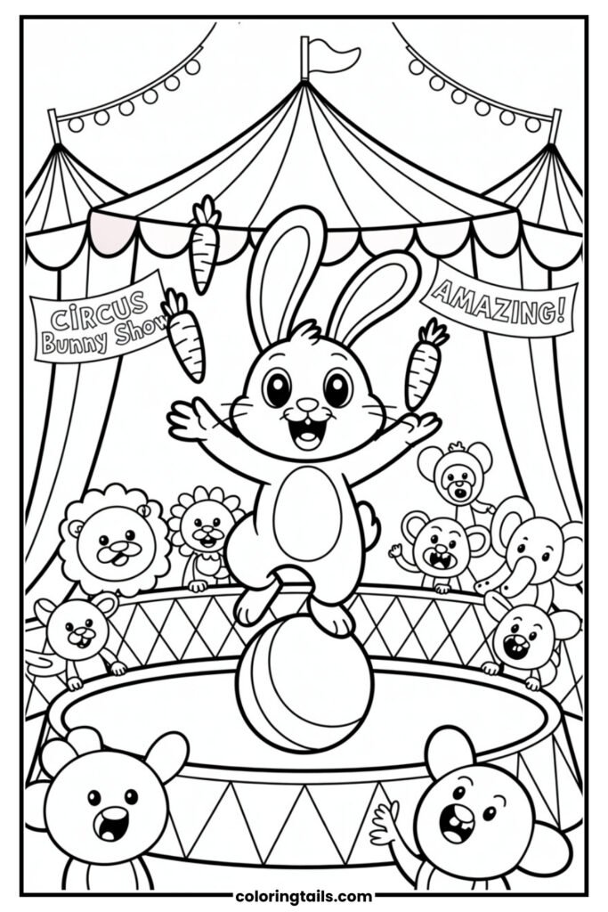 A bunny performs tricks in a circus ring, balancing on a ball and juggling carrots. Circus tents, lights, and an animal audience fill the background.