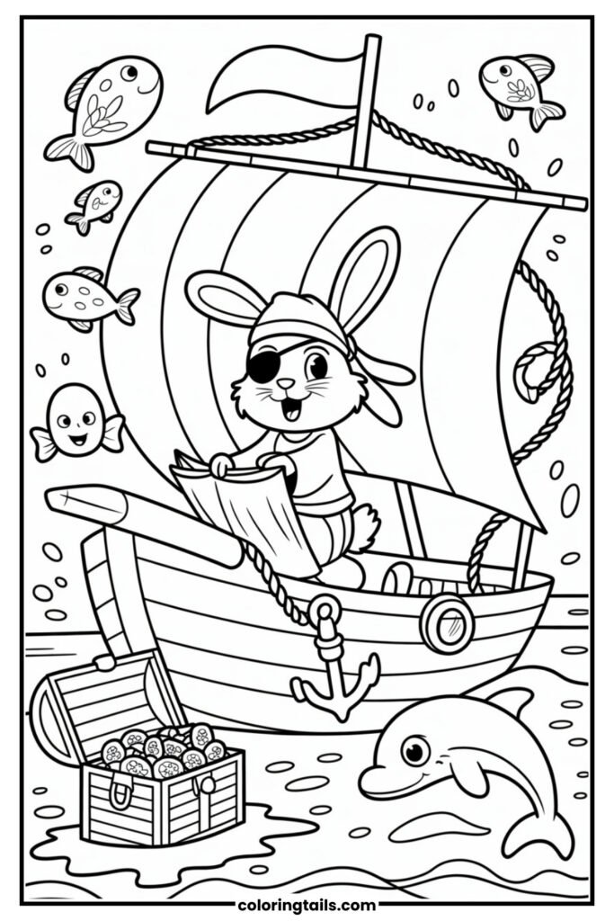 A pirate bunny with a hat, eye patch, and treasure map sails the seas on a ship. There’s a treasure chest, anchor, and sea creatures to color.
