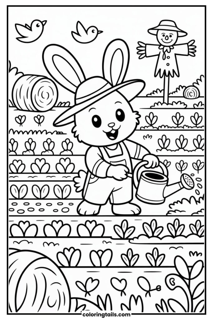 This hardworking bunny holds a watering can in a sunny farm field. Rows of plants, hay bales, a scarecrow, and birds make it a lively outdoor setting.