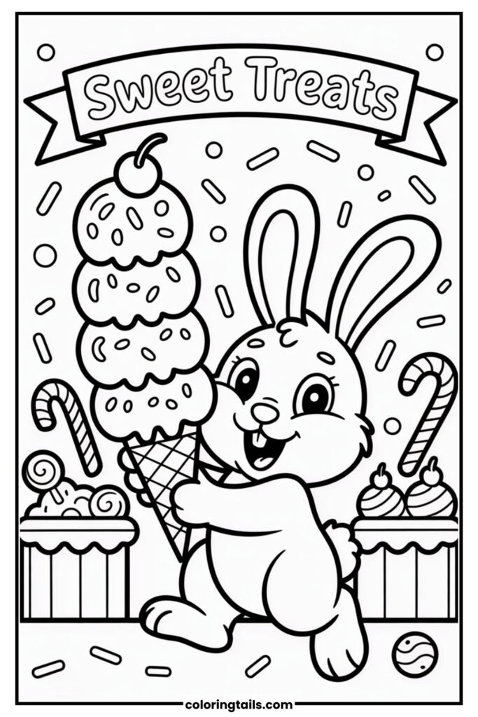 A bunny holds a stacked ice cream cone with scoops in different flavors. The background includes sprinkles, candy, and a dessert shop setting.