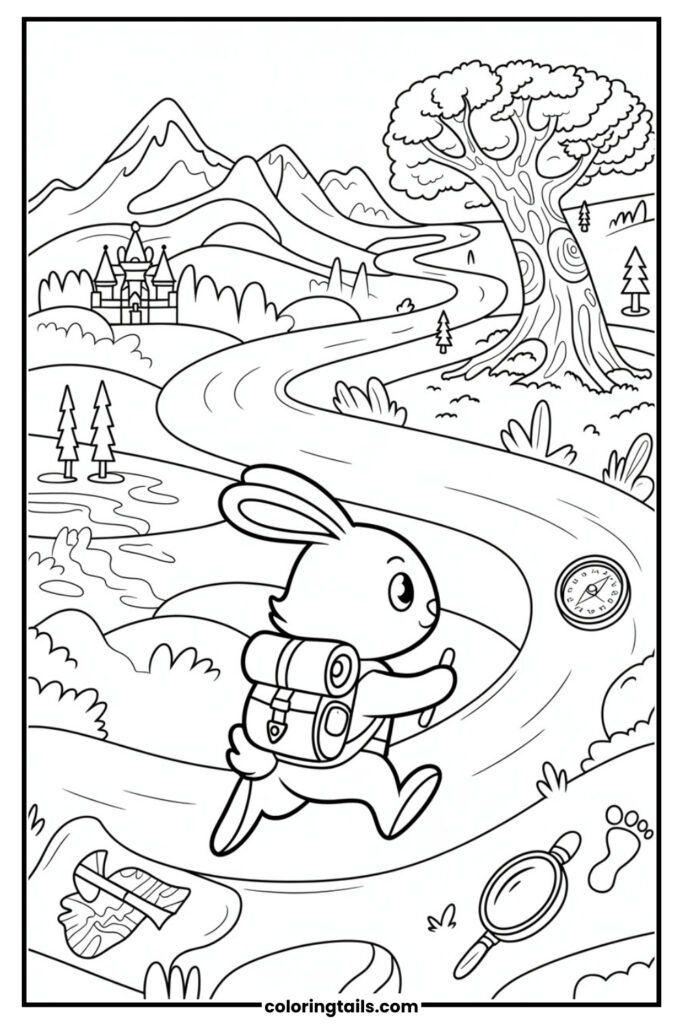 A bunny wearing a backpack and holding a treasure map walks through mountains, rivers, and landmarks.