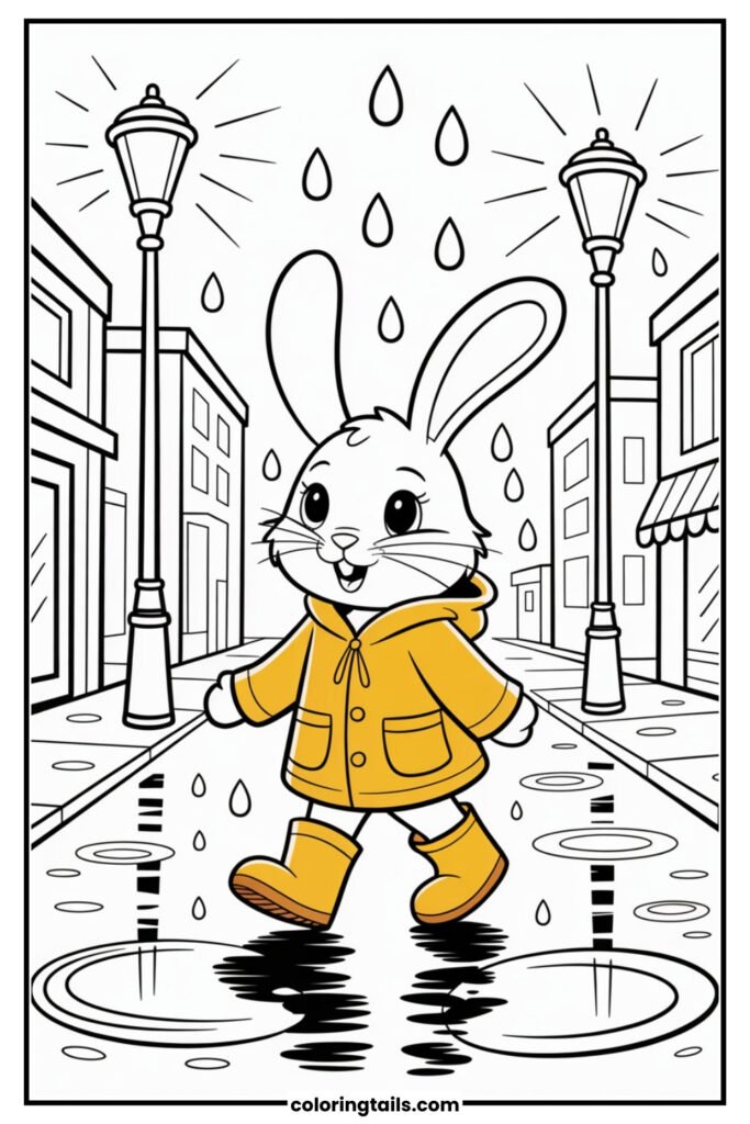 A bunny dressed in a raincoat and boots walks through a rainy city street with glowing lights and puddles. Reflections and raindrops make the scene sparkle.