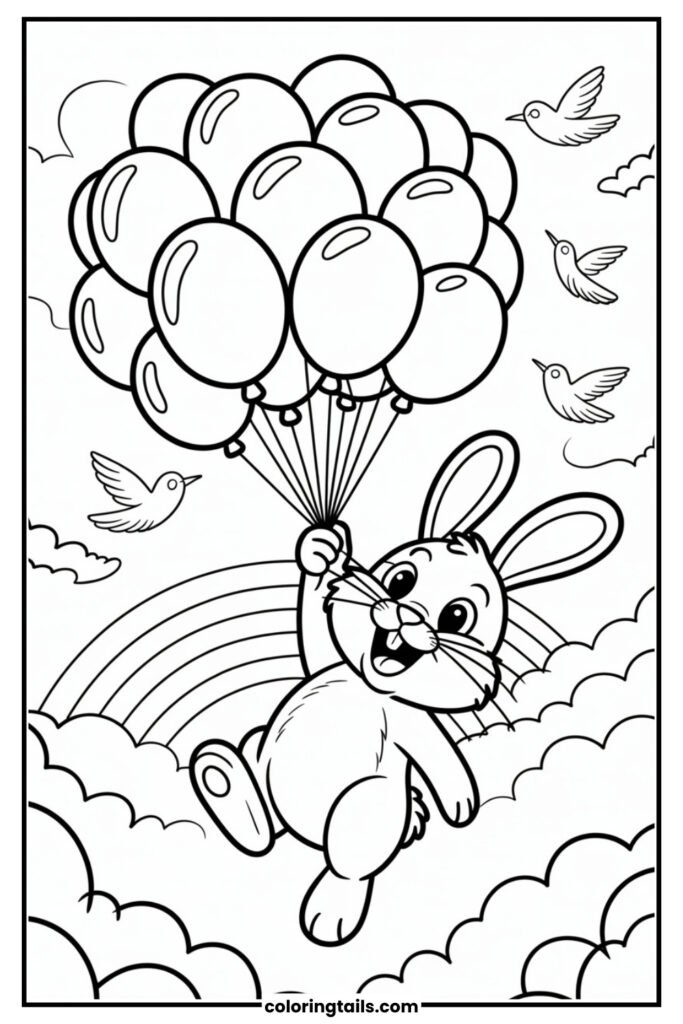 A bunny is holding on to a giant bunch of balloons and floating up into the sky.