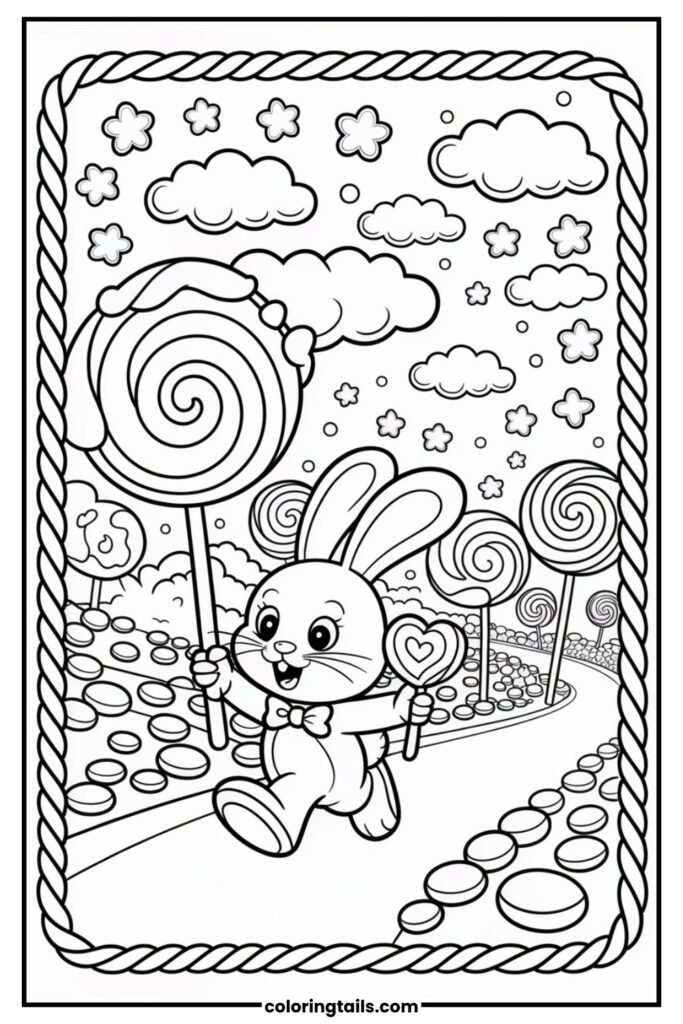 This bunny skips through a fantasy world of candy, with lollipop trees, jellybean roads, and marshmallow clouds.