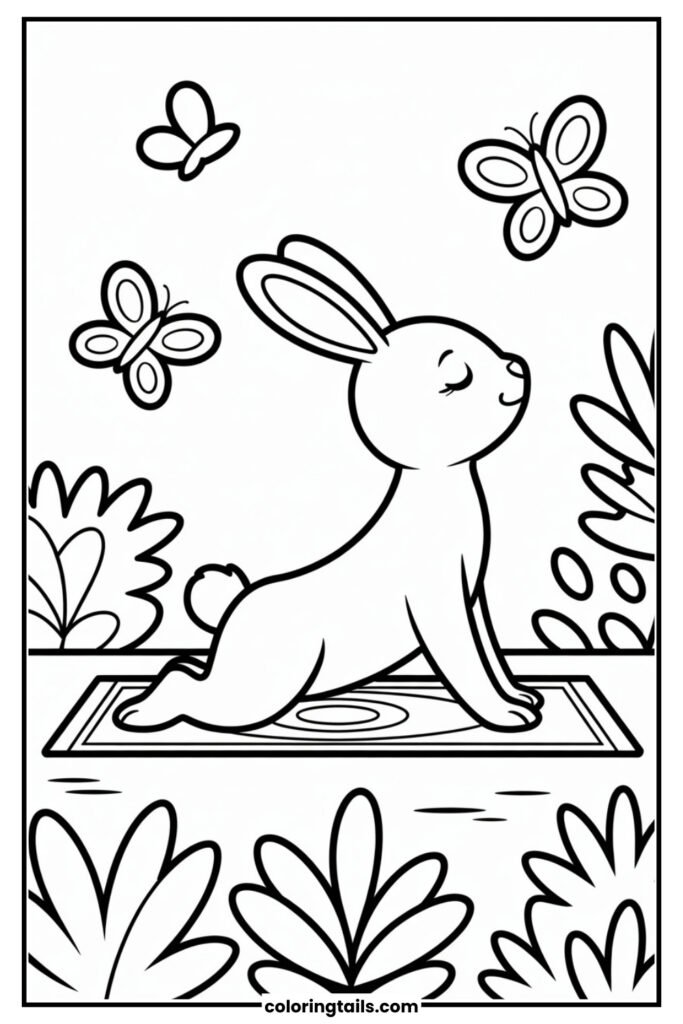 A calm bunny stretches into a yoga pose on a mat in a peaceful garden, surrounded by butterflies and calming plants.