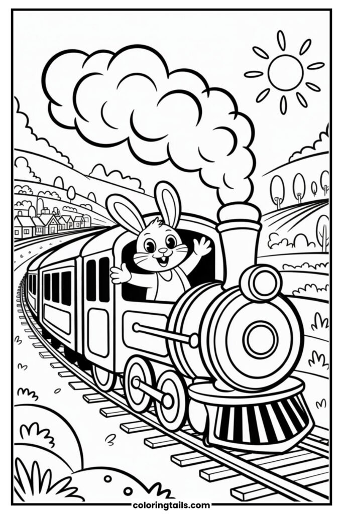 A bunny leans out the window of a choo-choo train, waving as hills, trees, and towns pass by. Smoke puffs in swirls above, adding dynamic shapes to fill in.