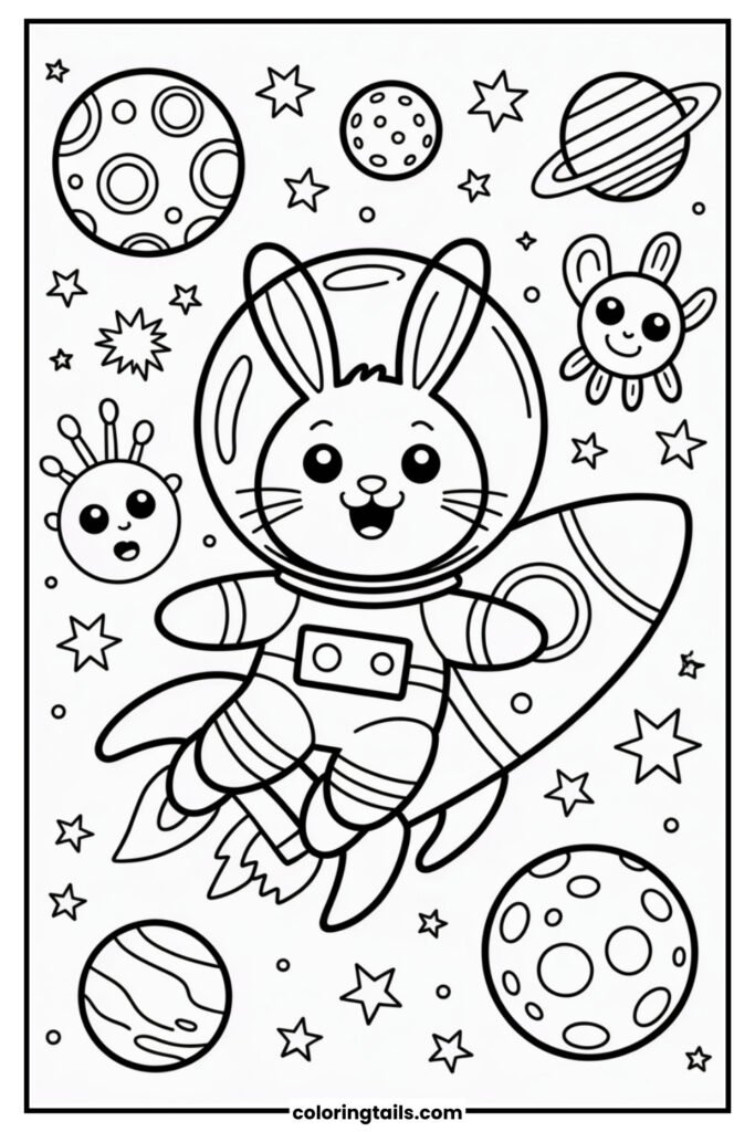 A bunny in a space suit floats through outer space with planets and stars all around. A rocket ship, moon craters, and aliens add to the fun.