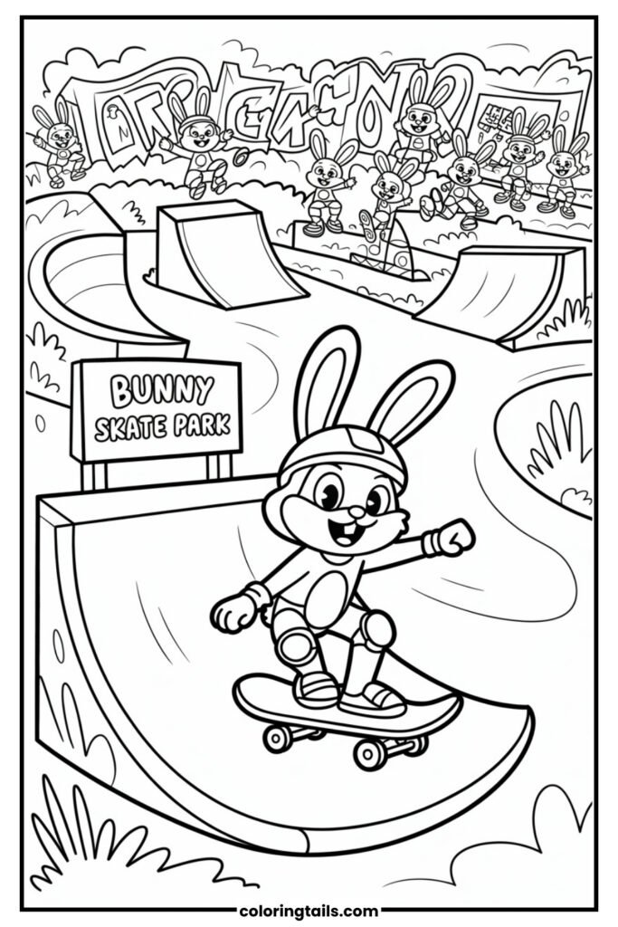 A sporty bunny rides a skateboard on a halfpipe ramp, wearing a helmet and knee pads. Graffiti, ramps, and cheering animals fill the background.