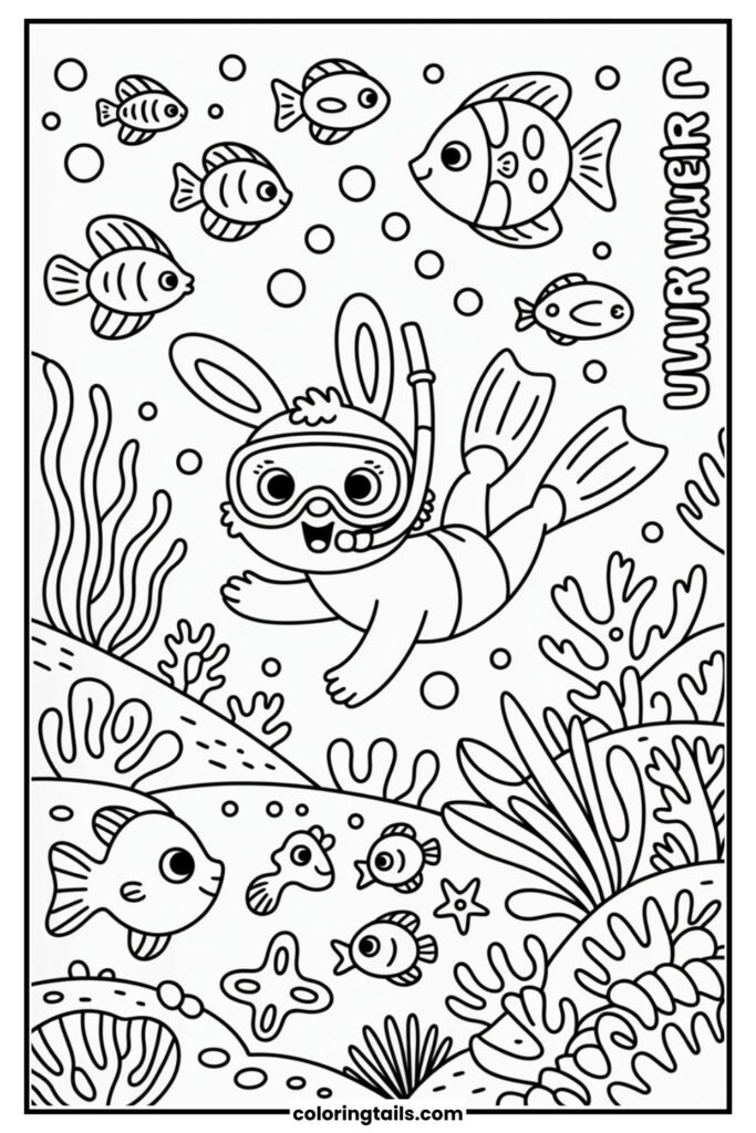 A bunny wears a snorkel mask and swims among fish, coral, and bubbles. Seahorses, starfish, and underwater plants create a magical ocean world.