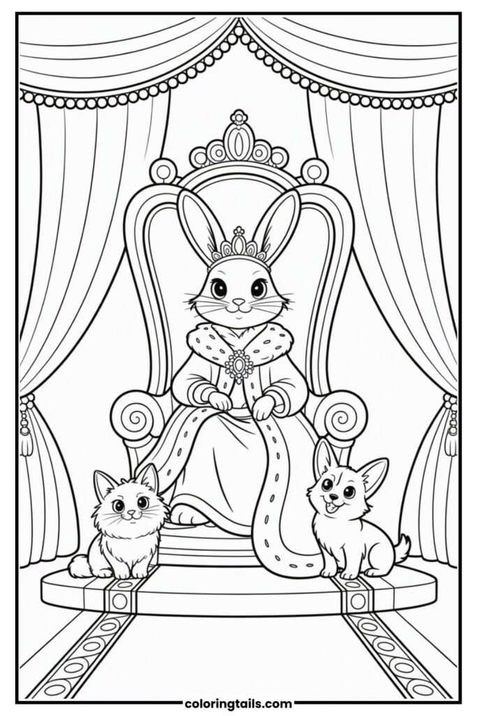 A bunny in a crown sits on a royal throne inside a palace, with curtains, jewels, and royal pets nearby. It’s perfect for fans of fairy tales and princess themes.
