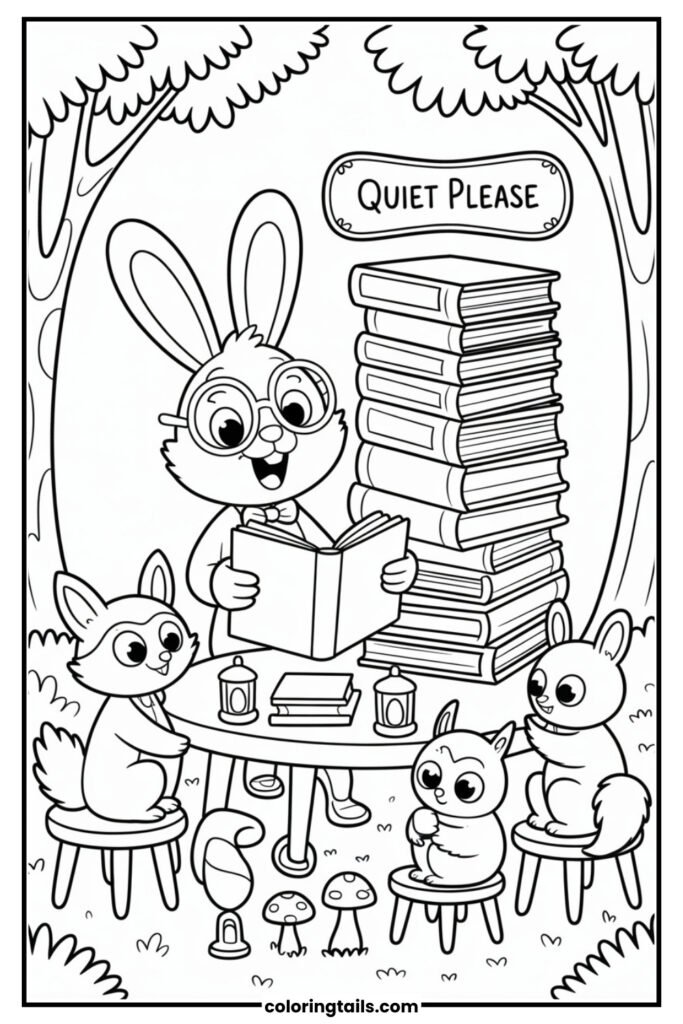 A bunny stands proudly beside a huge stack of storybooks, reading aloud to forest friends.