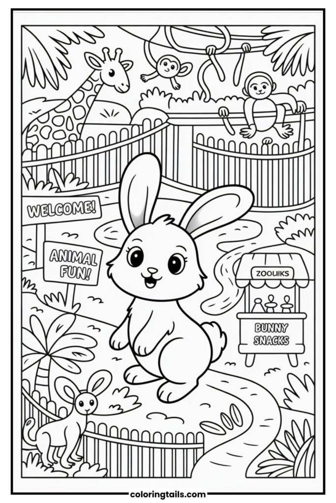 A curious bunny walks through a zoo, watching giraffes, monkeys, and birds from behind safe fences.