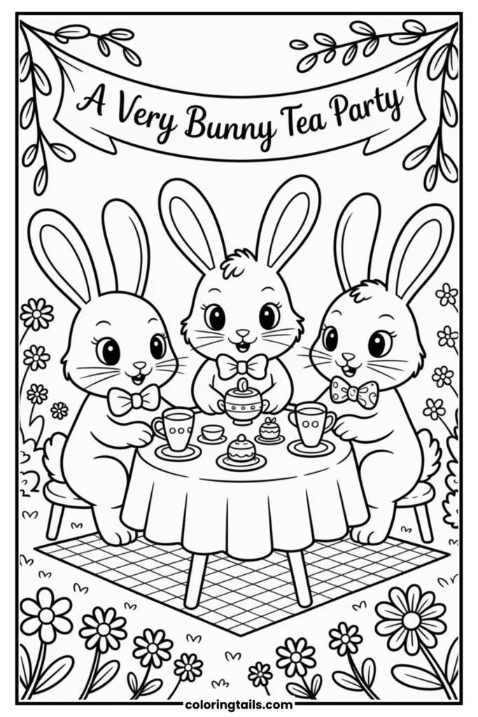 Three little bunnies dressed in bows are sitting around a cute tea table in the garden, pouring tea and nibbling on tiny cakes.