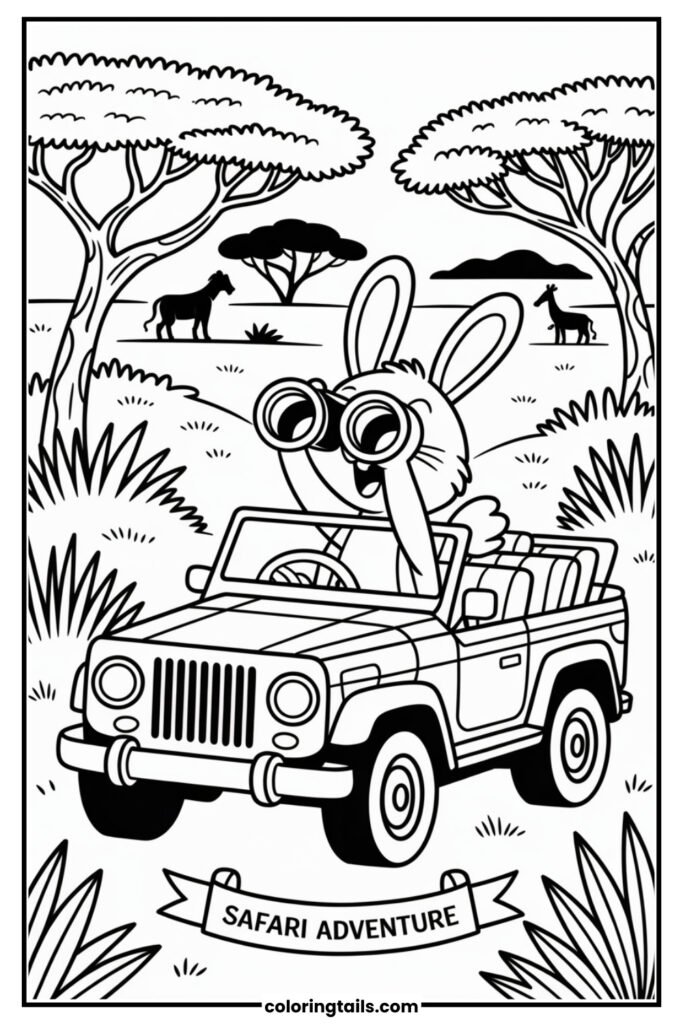 A bunny drives a jeep through the savanna, spotting lions, giraffes, and elephants from a distance.