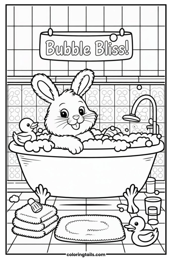 A bunny soaks in a bathtub filled with bubbles, rubber duckies, and bath toys floating around.