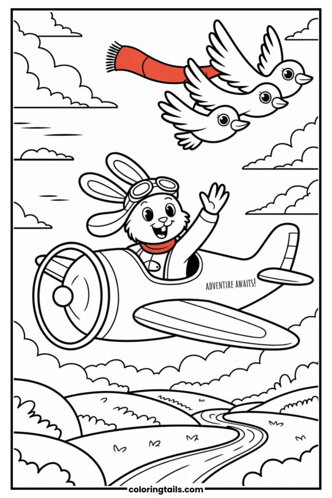 A bunny flies a small propeller plane through the clouds, waving at birds with a scarf blowing in the wind. Below, hills and rivers can be seen from high above.