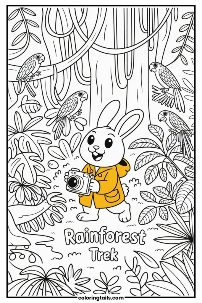 A bunny with a raincoat and camera explores a dense rainforest full of tropical plants, frogs, and parrots. Vines hang from trees, and colorful flowers bloom everywhere.
