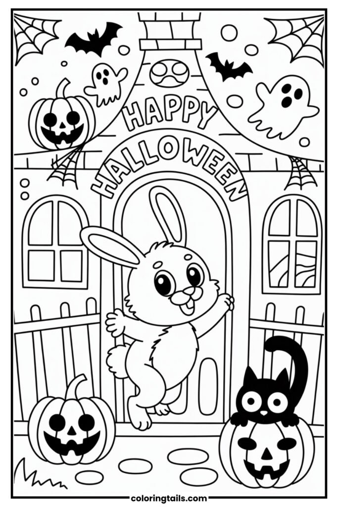 A spooky bunny walks through a haunted house filled with ghosts, bats, and jack-o’-lanterns. Cobwebs hang from the corners and a black cat peeks out.