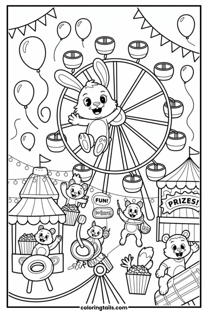 A bunny rides the ferris wheel at a carnival, surrounded by games, popcorn stands, and balloons. Lights twinkle and other animals enjoy rides too.