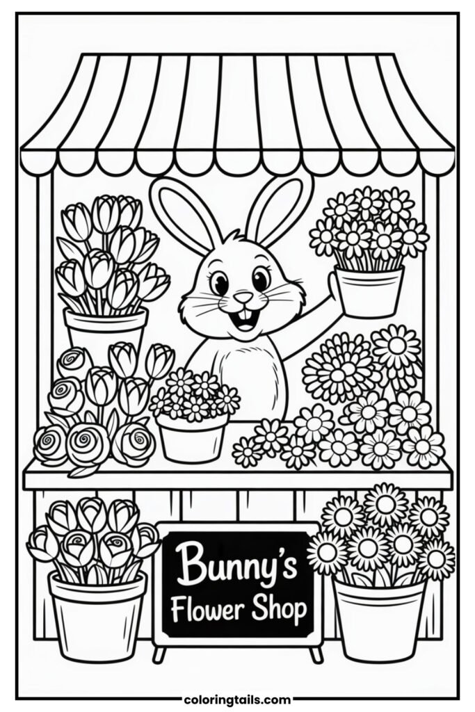 This bunny owns a flower stall full of roses, tulips, daisies, and sunflowers. Buckets and baskets overflow with blooms, and a chalkboard sign welcomes visitors.