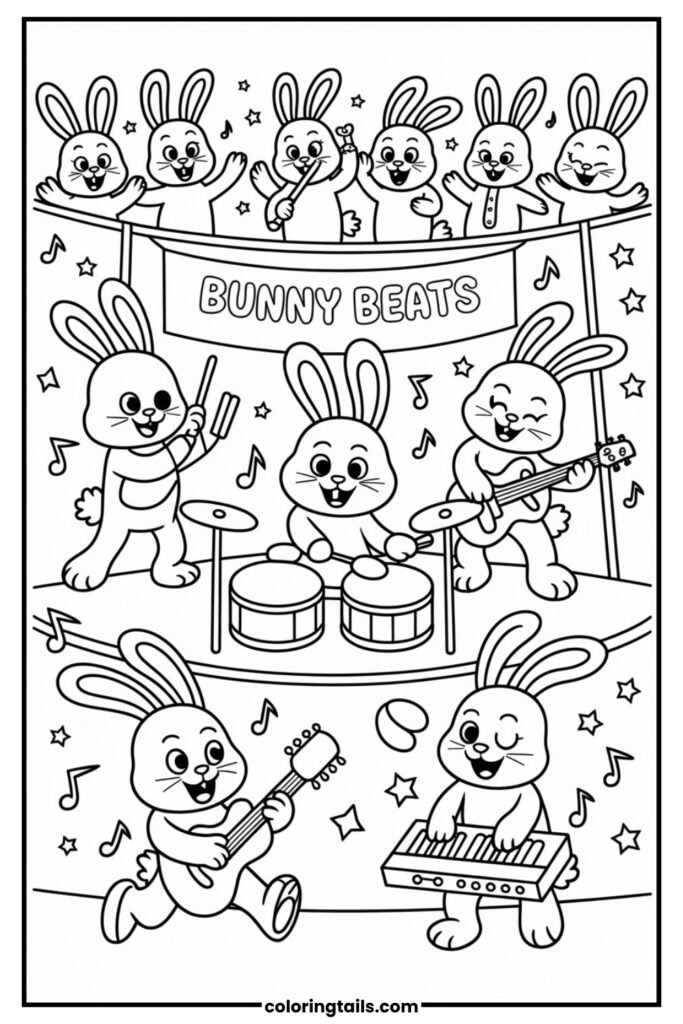 A group of bunnies play different musical instruments on stage, including drums, guitar, flute, and keyboard.