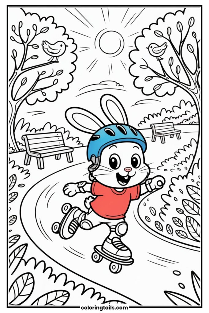A bunny zips through the park on roller skates, with knee pads, a helmet, and a big smile. Park benches, birds, and trees pass by in the background.