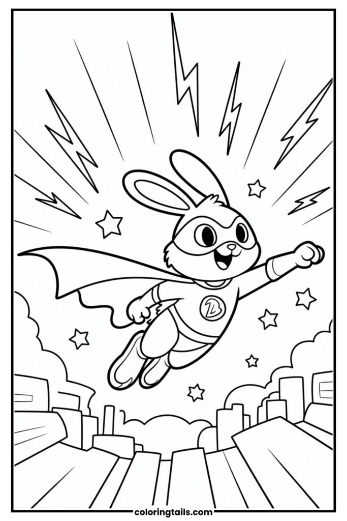 This bunny wears a cape and mask, flying through a cityscape like a superhero!