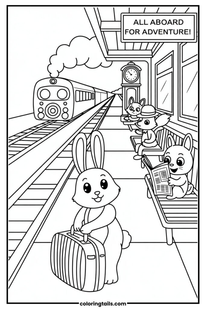 A bunny waits on a platform with a suitcase, watching a train arrive in the distance. Timetables, signs, and other animal passengers complete the scene.