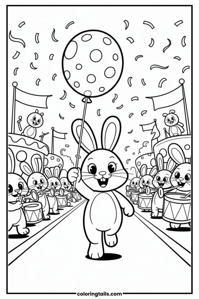 A cheerful bunny marches in a parade holding a giant balloon, with floats, flags, and confetti all around. Other animals play instruments or cheer from the sidewalks.