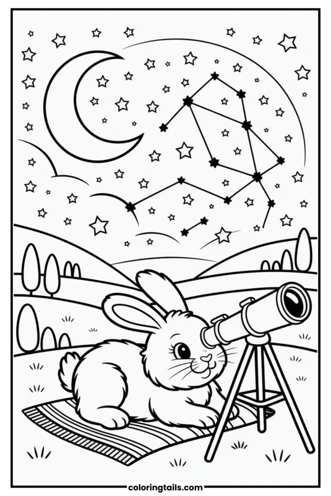 A bunny lies on a blanket under a night sky, looking through a telescope. Stars, constellations, and a glowing moon fill the scene.