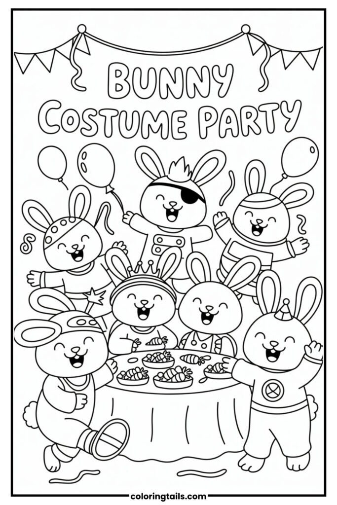 Several bunnies wear funny and creative costumes - pirate, astronaut, princess, and more - at a party with streamers and snacks.