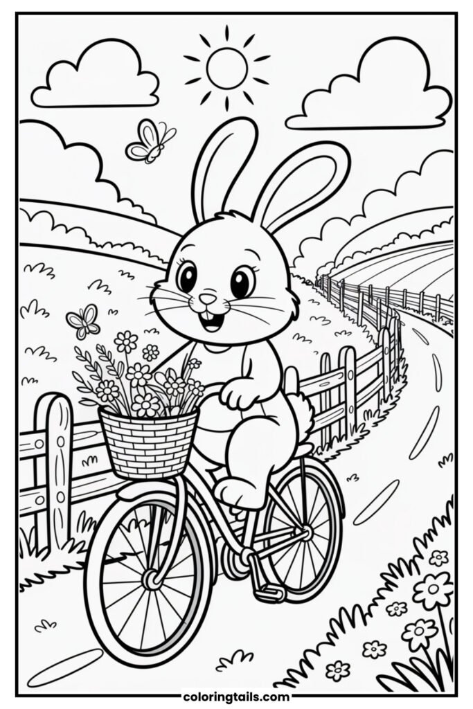 A bunny rides a bicycle down a country road with flowers in the basket and butterflies flying nearby. The background includes fences, hills, and a blue sky.