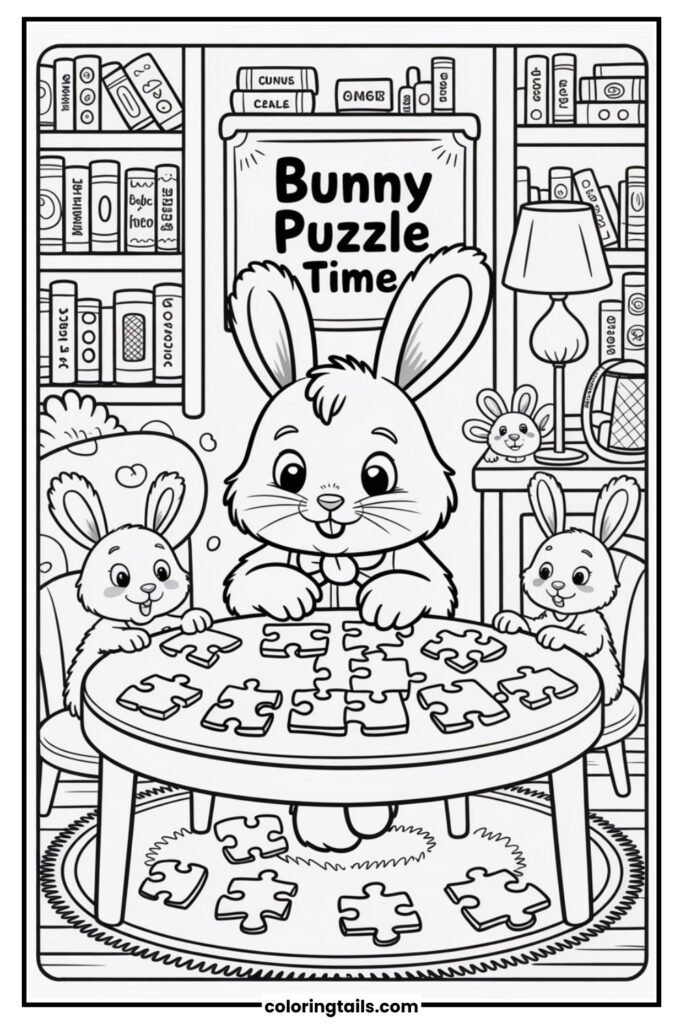 A bunny sits in a room with a table full of jigsaw puzzle pieces, concentrating while friends help. Bookshelves, lamps, and cozy rugs add to the homey feel.