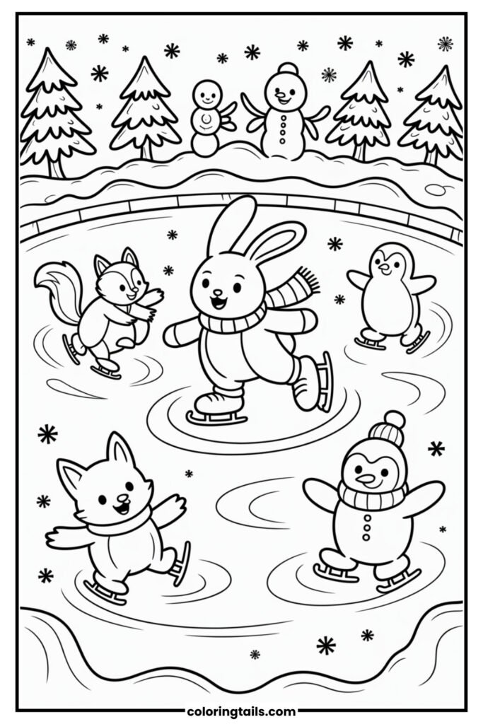 A bunny glides across a frozen pond wearing a scarf, with trees and snowmen in the background. Other animals skate too, making figure eights.