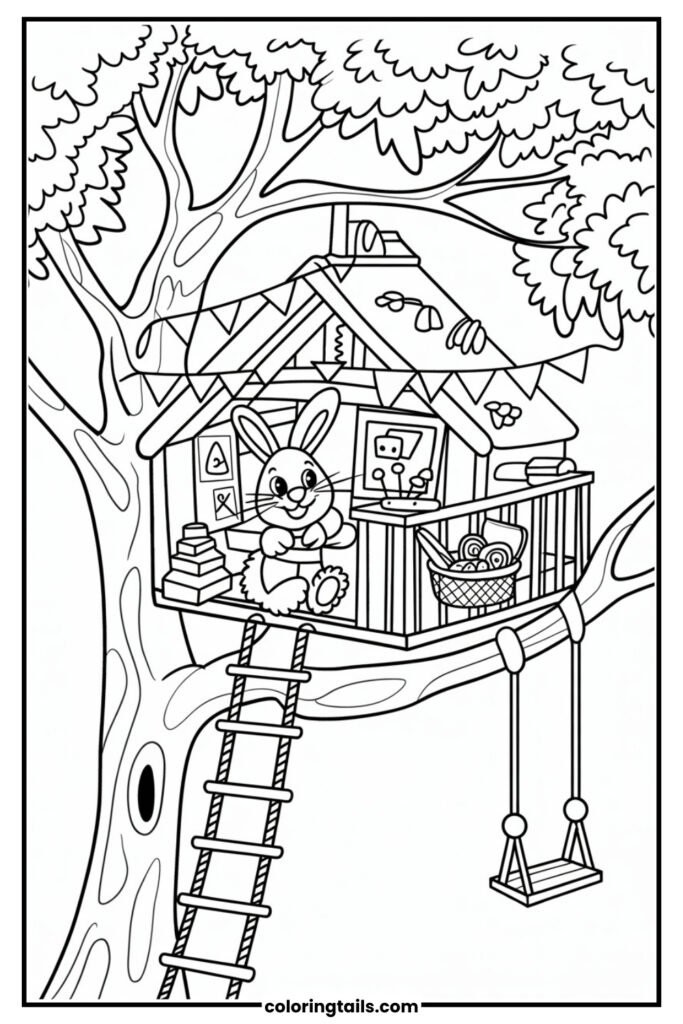 High up in a big tree, a bunny plays in a treehouse full of toys, flags, and snacks. Rope ladders, swings, and leafy branches add playful details.