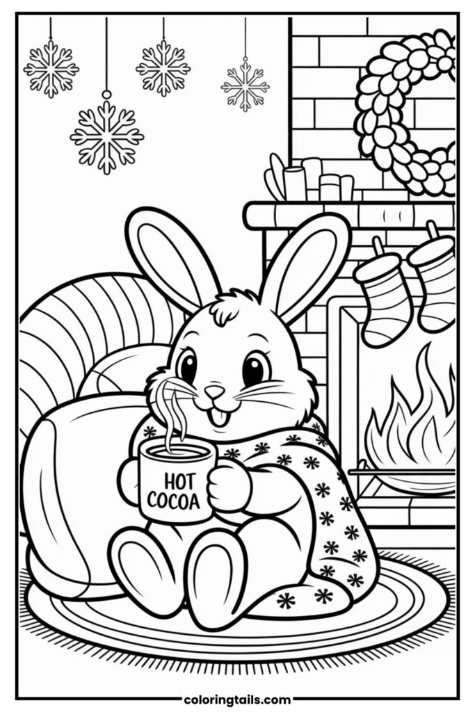 In a cozy room, a bunny sips steaming hot cocoa by a fireplace, wrapped in a blanket. Stockings, a fire, and soft pillows make it super snug.