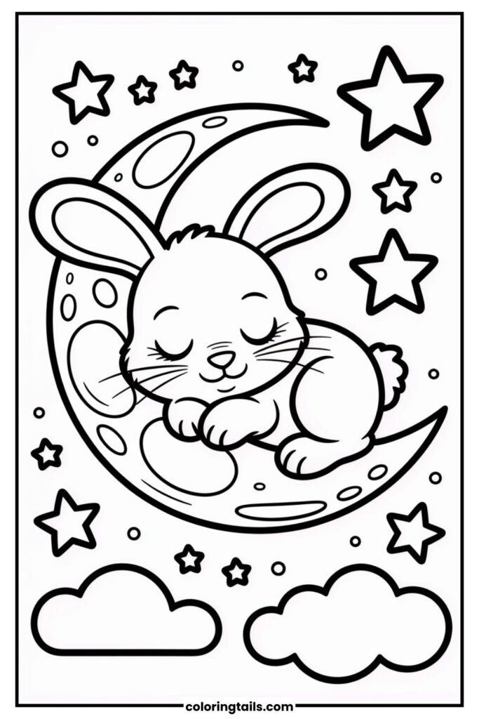 A sleepy bunny resting on the crescent moon, surrounded by stars and soft clouds. This gentle nighttime design is great for calming coloring time before bed.