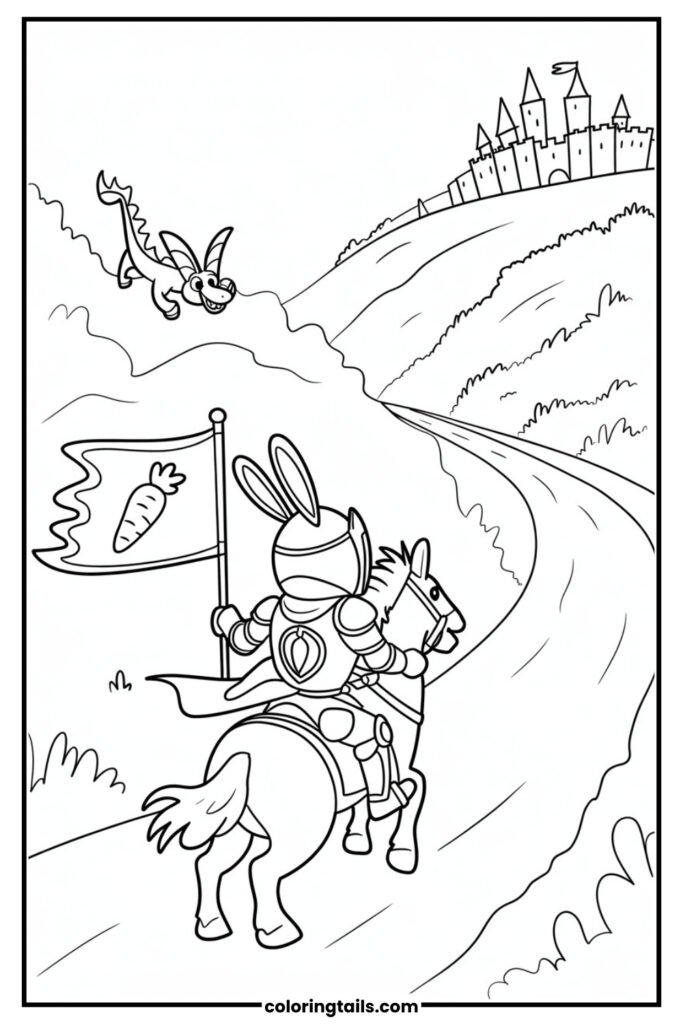 A bunny in armor rides a pony, carrying a flag toward a castle in the distance. A dragon tail peeks from behind the hill, adding excitement.