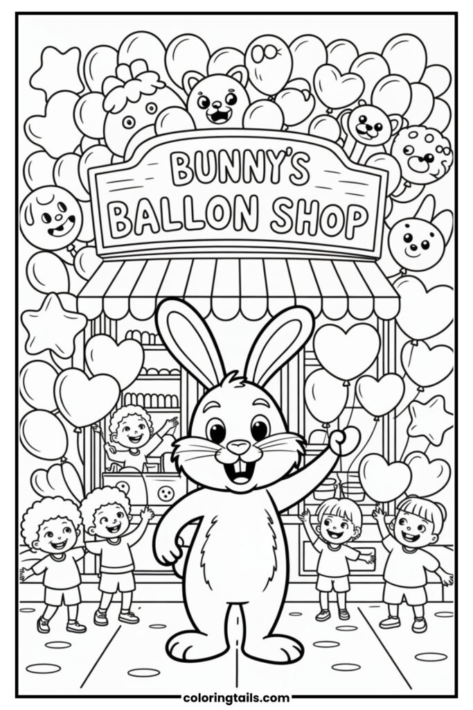 This bunny runs a shop full of balloons in all shapes, including animals, stars, and hearts.
