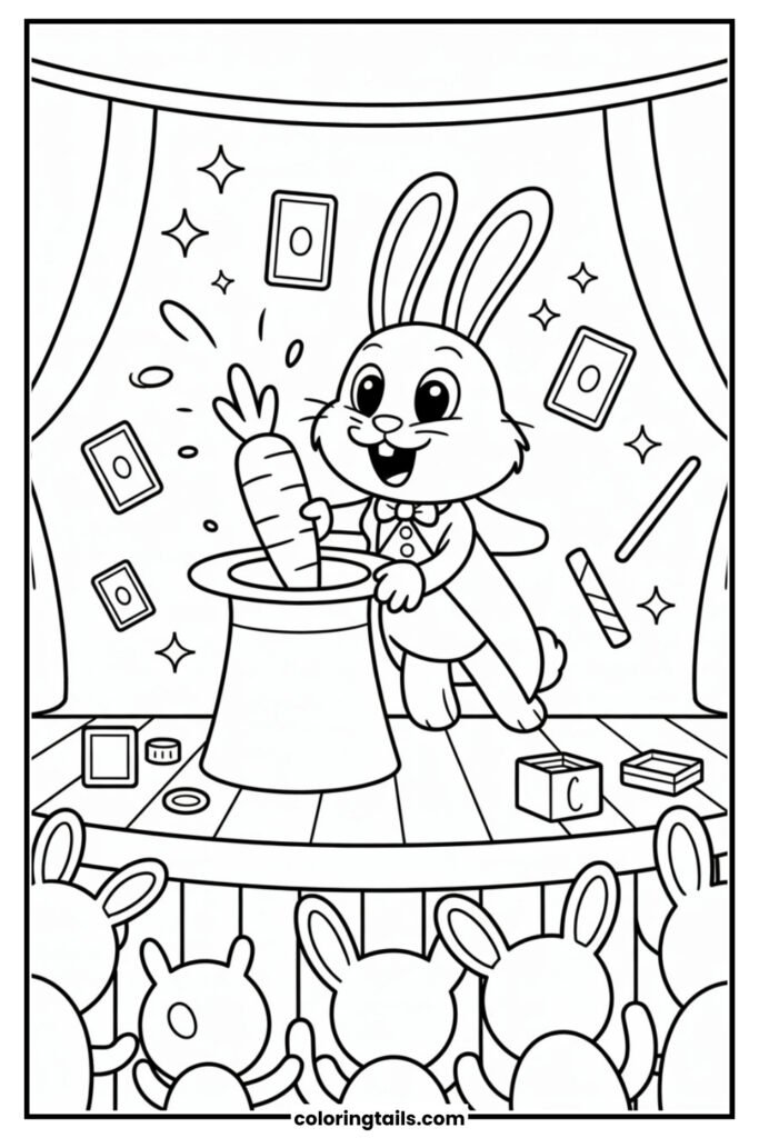 A bunny magician pulls a carrot from a hat, amazing the animal audience. Cards, sparkles, and mystery props surround the stage.