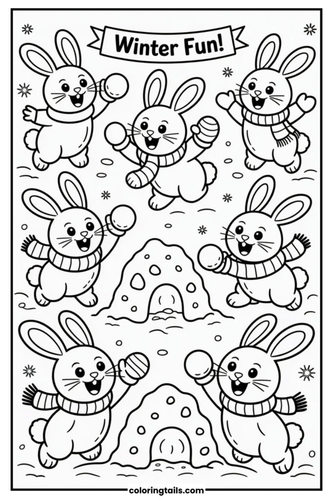 A group of bunnies throw snowballs and laugh in a snowy field, with snow forts and footprints everywhere.