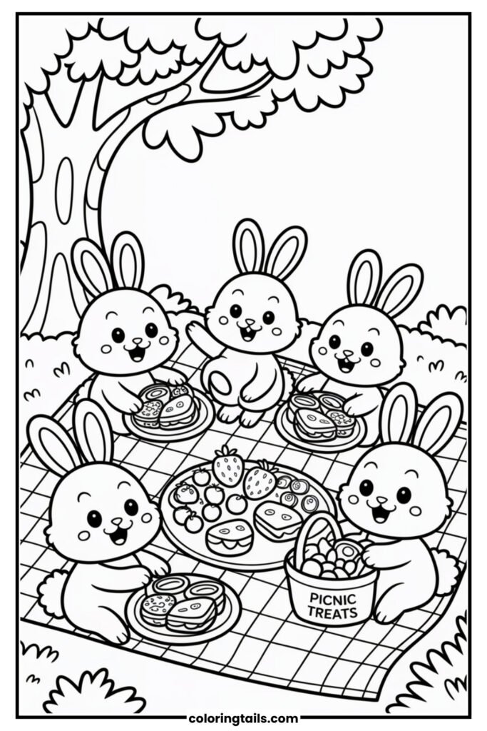 A group of adorable bunnies enjoying a sunny picnic under a big shady tree.