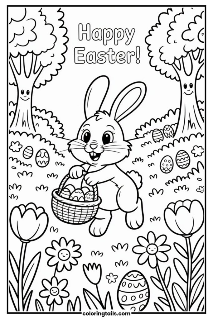 A bunny hopping through a flower-filled field, collecting Easter eggs in a basket.