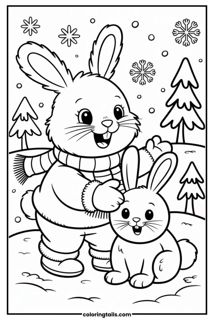 A bundled-up bunny building a snow bunny in a winter wonderland. With snowflakes, mittens, scarves, and pine trees, this page is full of cozy, chilly charm.