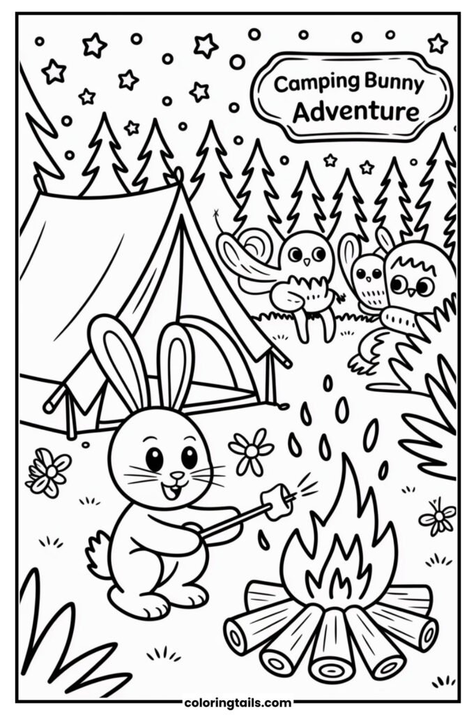 A bunny roasting marshmallows by the campfire under the stars, with a tent and pine forest in the background.